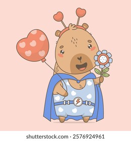 Romantic Superhero Capybara with balloon heart and flower. Cute Funny cartoon kawaii character animal. Vector illustration. Cool card valentine