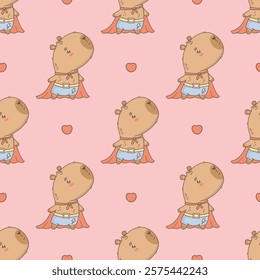 Romantic Superhero Capybara Seamless pattern. Cute Cartoon kawaii animal in red cloak on pink background with valentines hearts. Vector illustration. Kids collection