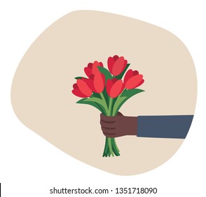 Romantic surprise. Hand holding a bouquet of flowers. Happy Women's Day, Valentine's Day. Anniversary, birthday. Flat design illustration.