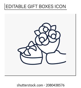 Romantic surprise line icon. Heart shaped present case and fantastic bouquet for special occasion. Romantic date. Gift box concept. Isolated vector illustration. Editable stroke