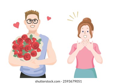 Romantic Surprise with a Man Presenting a Bouquet of Red Roses to a Delighted Woman