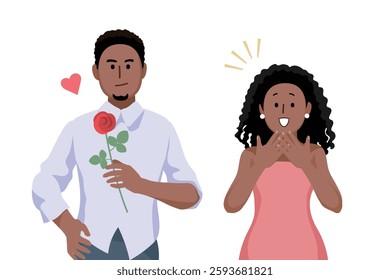 Romantic Surprise Proposal with a Man Offering a Rose and a Woman Reacting with Joy