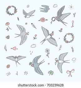 romantic swallow bird vector doodle hand drawn illustrations set