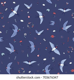romantic swallow bird vector doodle hand drawn seamless pattern