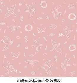 romantic swallow bird vector doodle hand drawn seamless pattern