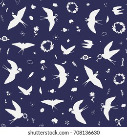 romantic swallow bird vector doodle silhouette illustration hand drawn seamless pattern