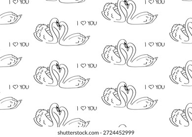 Patrón de doodle romántico de la pareja del cisne con el texto del amor. Fondo dibujado a mano para invitaciones de boda, tarjetas de San Valentín y decoración de pared romántica