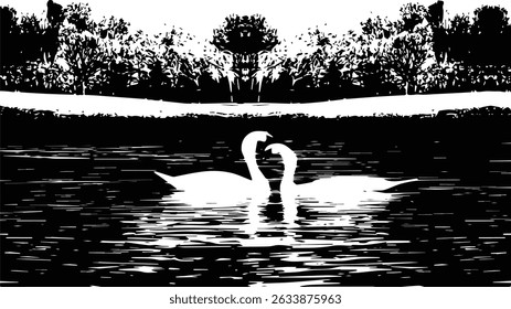 Romantic Swan Silhouettes on a Calm Lake, grunge texture background, overlay rough textured on white space luxury background – Nature-Inspired Monochrome Vector Art Background.
