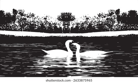 Romantic Swan Silhouettes on a Calm Lake, grunge texture background, overlay rough textured on white space luxury background – Nature-Inspired Monochrome Vector Art Background.
