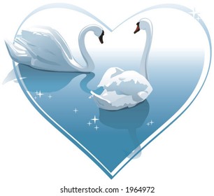 Romantic swans couple in a heart shape. Vector illustration for Wedding invitation