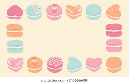 Romantic and sweet vector design frame of macarons in pastel colors.	
