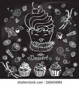 Romantic sweets and pastry set. Tart, macaroon, icecream, cookie, cake, spices  isolated vector illustration.