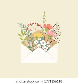 Romantic symbol letter with message of spring, summer or love, cute envelope. Vector floral illustration with flowers, branches and leaves.
