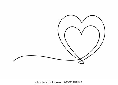 Romantic symbol of two hearts become one. Continuous hand drawing of two hearts icon.