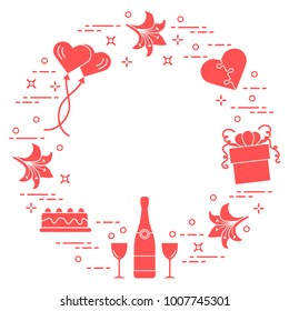 Romantic symbols arranged in a circle: gift, balloons, cake, lily, stemware, bottle, heart in the form of puzzle. Greeting card Valentine's Day. Design for banner, poster or print.
