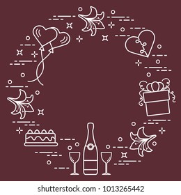 Romantic symbols arranged in a circle: gift, balloons, cake, lily, stemware, bottle, heart in the form of puzzle. Greeting card Valentine's Day. Design for banner, poster or print.