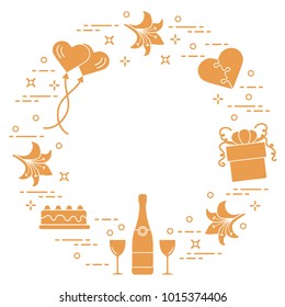 Romantic symbols arranged in a circle: gift, balloons, cake, lily, stemware, bottle, heart in the form of puzzle. Greeting card Valentine's Day. Design for banner, poster or print.