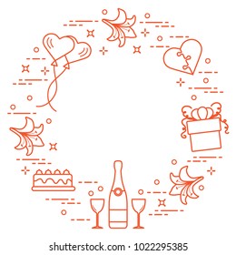 Romantic symbols arranged in a circle: gift, balloons, cake, lily, stemware, bottle, heart in the form of puzzle. Greeting card Valentine's Day. Design for banner, poster or print.
