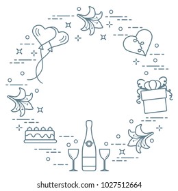 Romantic symbols arranged in a circle: gift, balloons, cake, lily, stemware, bottle, heart in the form of puzzle. Greeting card Valentine's Day. Design for banner, poster or print.