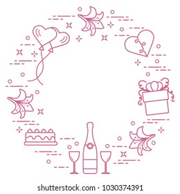 Romantic symbols arranged in a circle: gift, balloons, cake, lily, stemware, bottle, heart in the form of puzzle. Greeting card Valentine's Day. Design for banner, poster or print.