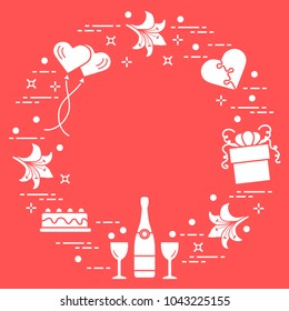 Romantic symbols arranged in a circle: gift, balloons, cake, lily, stemware, bottle, heart in the form of puzzle. Greeting card Valentine's Day. Design for banner, poster or print.