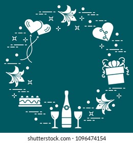 Romantic symbols arranged in a circle: gift, balloons, cake, lily, stemware, bottle, heart in the form of puzzle. Greeting card Valentine's Day. Design for banner, poster or print.