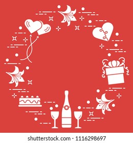 Romantic symbols arranged in a circle: gift, balloons, cake, lily, stemware, bottle, heart in the form of puzzle. Greeting card Valentine's Day. Design for banner, poster or print.