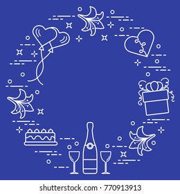 Romantic symbols arranged in a circle: gift, balloons, cake, lily, stemware, bottle, heart in the form of puzzle. Greeting card Valentine's Day. Design for banner, poster or print.