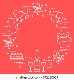 Romantic symbols arranged in a circle: gift, balloons, cake, lily, stemware, bottle, heart in the form of puzzle. Greeting card Valentine's Day. Design for banner, poster or print.