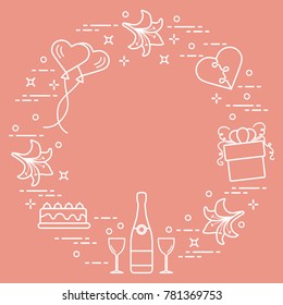 Romantic symbols arranged in a circle: gift, balloons, cake, lily, stemware, bottle, heart in the form of puzzle. Greeting card Valentine's Day. Design for banner, poster or print.