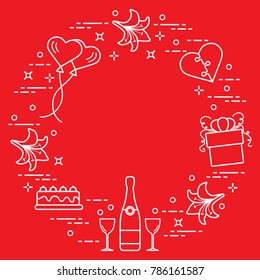 Romantic symbols arranged in a circle: gift, balloons, cake, lily, stemware, bottle, heart in the form of puzzle. Greeting card Valentine's Day. Design for banner, poster or print.