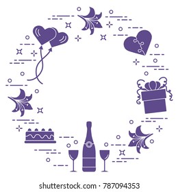 Romantic symbols arranged in a circle: gift, balloons, cake, lily, stemware, bottle, heart in the form of puzzle. Greeting card Valentine's Day. Design for banner, poster or print.