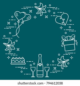 Romantic symbols arranged in a circle: gift, balloons, cake, lily, stemware, bottle, heart in the form of puzzle. Greeting card Valentine's Day. Design for banner, poster or print.