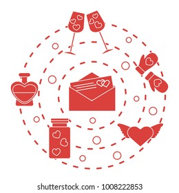 Romantic symbols arranged in a circle. Stemware, envelope with letter, hearts, mittens, heart with wings, jar, perfume bottle. Valentine's day.