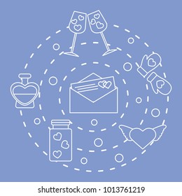 Romantic symbols arranged in a circle. Stemware, envelope with letter, hearts, mittens, heart with wings, jar, perfume bottle. Valentine's day.