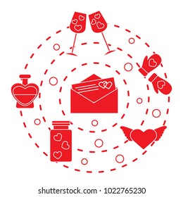 Romantic symbols arranged in a circle. Stemware, envelope with letter, hearts, mittens, heart with wings, jar, perfume bottle. Valentine's day.