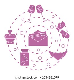 Romantic symbols arranged in a circle. Stemware, envelope with letter, hearts, mittens, heart with wings, jar, perfume bottle. Valentine's day.