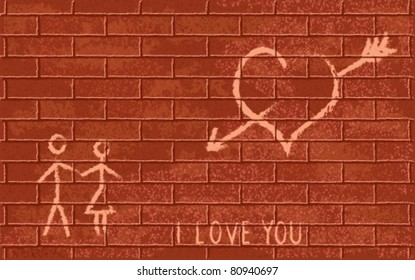 Romantic symbols on red brick wall background