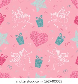 Romantic symbols from ornament elements vector seamless pattern. Stylized cupid, heart, star, gift seamless texture. Valentine's Day, wedding. Textiles, wrapping paper, wallpaper design. Wedding. 