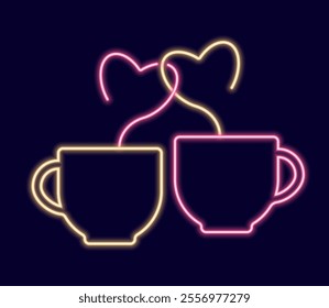 Romantic symbols of Valentine's Day: an isolated cup with hearts. Vector illustration in neon geometric style.