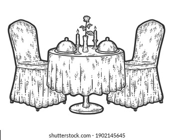 Romantic table. Romantic dinner. Valentines Day. Engraving vector illustration.
