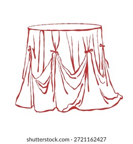 Una mesa romántica con un mantel festivo y arcos. Ilustración para el día de San Valentín, una boda o un cumpleaños. Ilustración de contorno de Vector rojo sobre un fondo blanco.