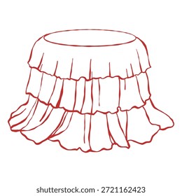 Ein romantischer Tisch mit festlicher Tischdecke und gestaffelten Rüschen. Illustration für den Valentinstag, eine Hochzeit oder einen Geburtstag. Rote Vektorkonturgrafik auf weißem Hintergrund.