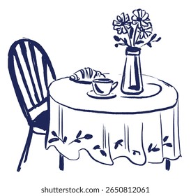 Romantic Table for One with Flower Vase and Cup. Minimalist Hand Drawn Illustration for Cafe Branding, Book Covers, Cozy Invitations and Interior Print