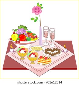Romantic table set for two lovers. Delicious wine, sweets, sweets, fruits - all for a wonderful mood. Burning candles create a unique atmosphere. Vector illustration.