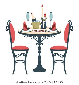 Romantic table. Vintage table and chairs with Romantic setting. Restaurant reservation. Table for two with bottle of wine, lamp, glasses, rose, candles. Vector cartoon flat illustration