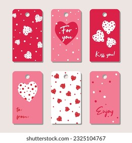 Romantic tag set heart, polka in pink, red, white.