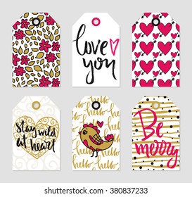 Romantic tags collection. Vector hand drawn set of love theme.