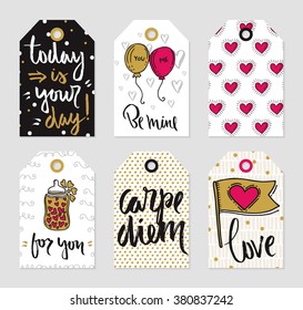 Romantic tags collection. Vector hand drawn set of love theme.