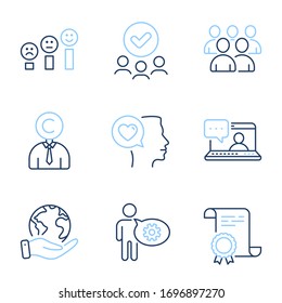 Romantic talk, Copyrighter and Group line icons set. Diploma certificate, save planet, group of people. Friends chat, Customer satisfaction and Cogwheel signs. Vector